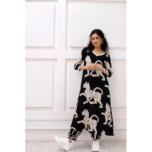 ANNI DESIGNER Women's Cotton Blend Printed Straight Kurta with Pant (Lanka Black_2306 XX-Large)