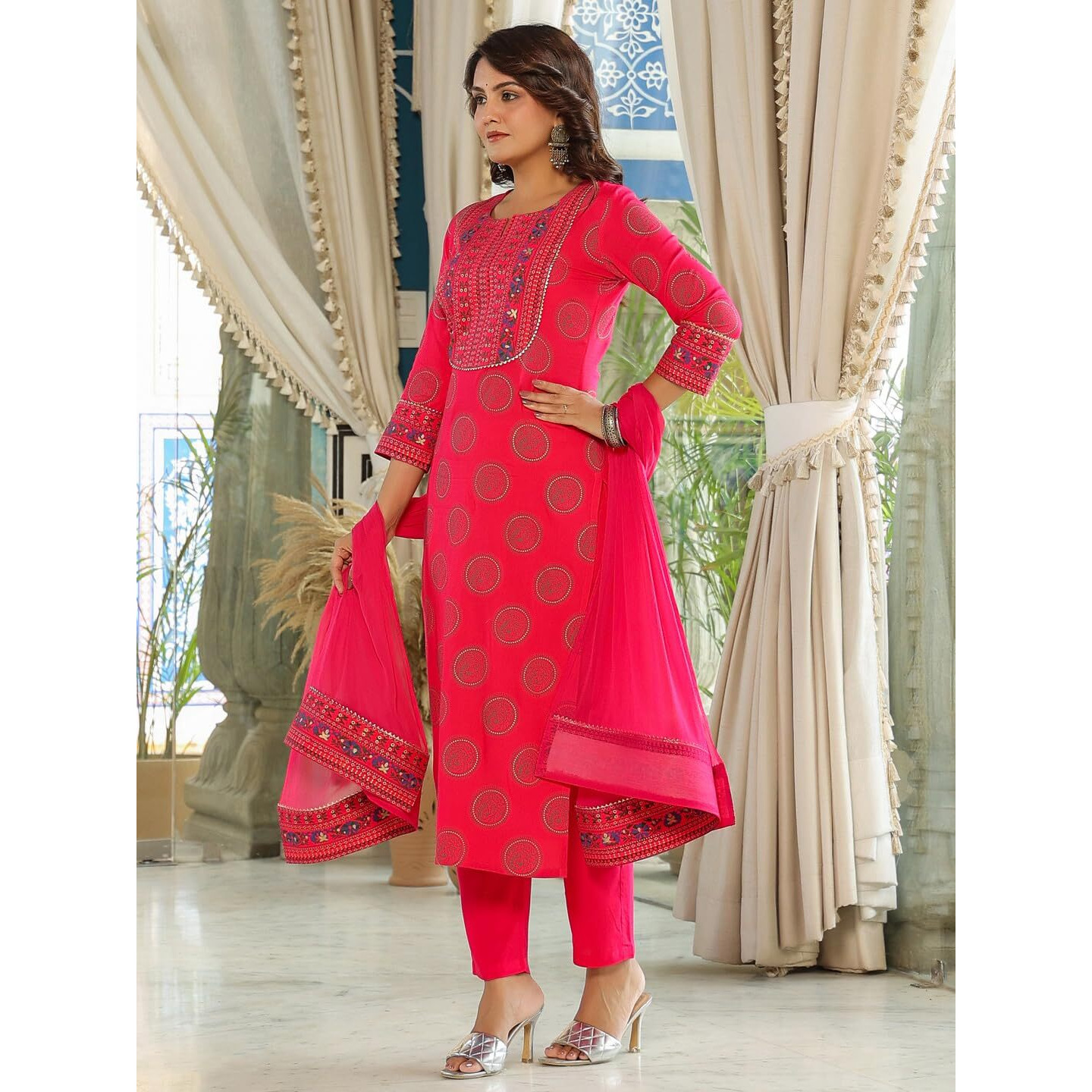 GoSriKi Women's Cotton Blend Straight Printed Kurta with Pant & Dupatta (NOV-Pink-NWG-GS_XL_Pink_X-Large)