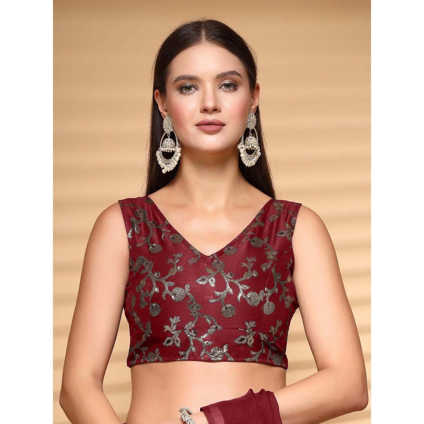 OOMPH Readymade Blouse for Women, Brocade, Sleeveless, V-Neck, rbbl696