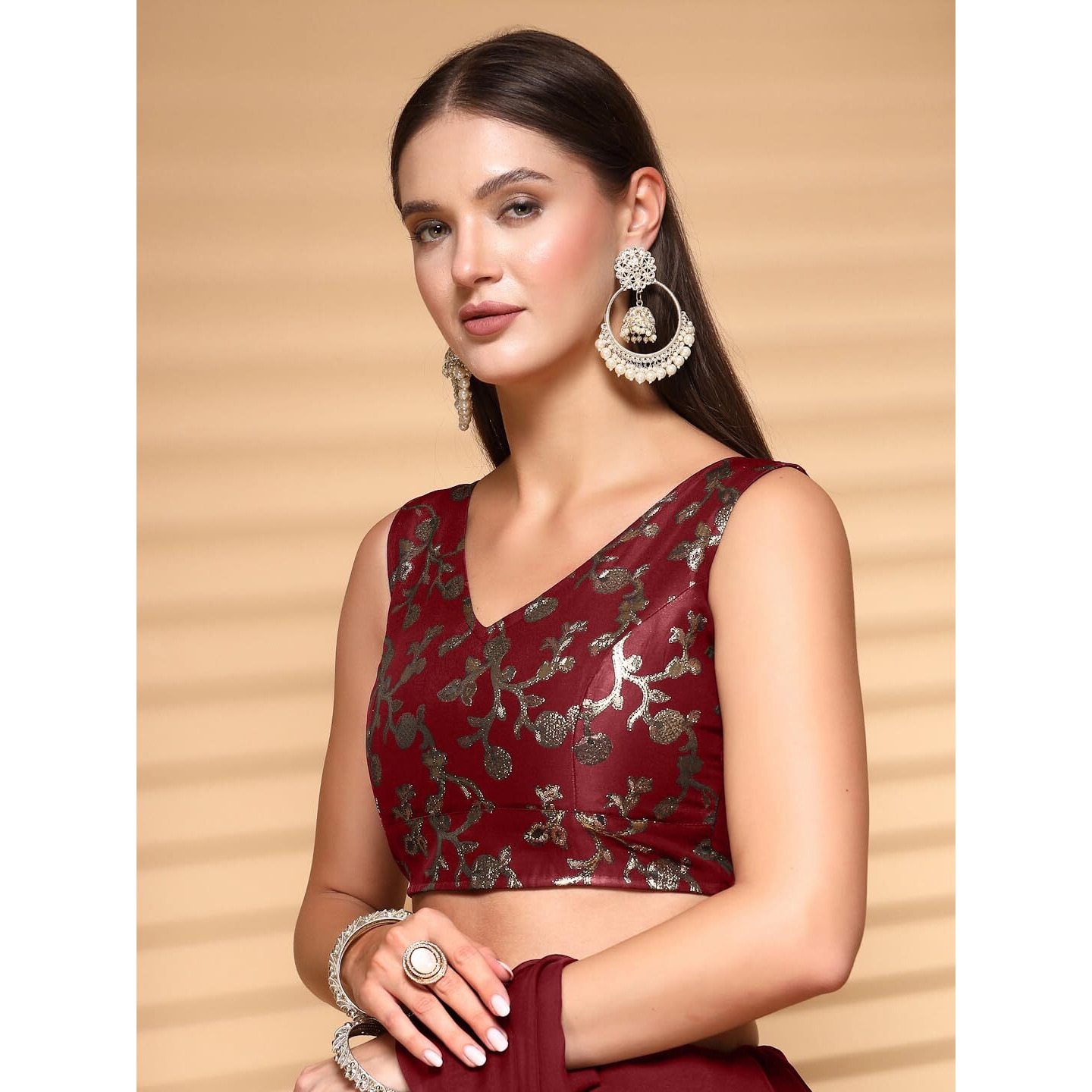 OOMPH Readymade Blouse for Women, Brocade, Sleeveless, V-Neck, rbbl696