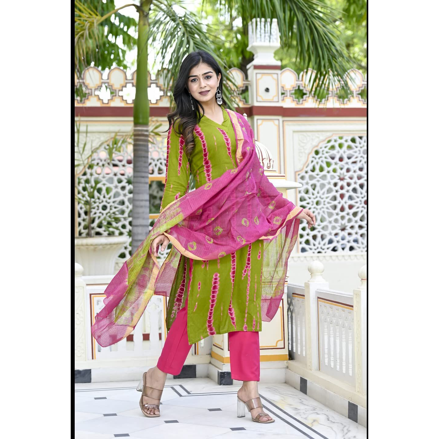 GoSriKi Women's Rayon Straight Printed Kurta with Pant & Dupatta (SIBORI-Methi-CMD-GS_M_Green_Medium)