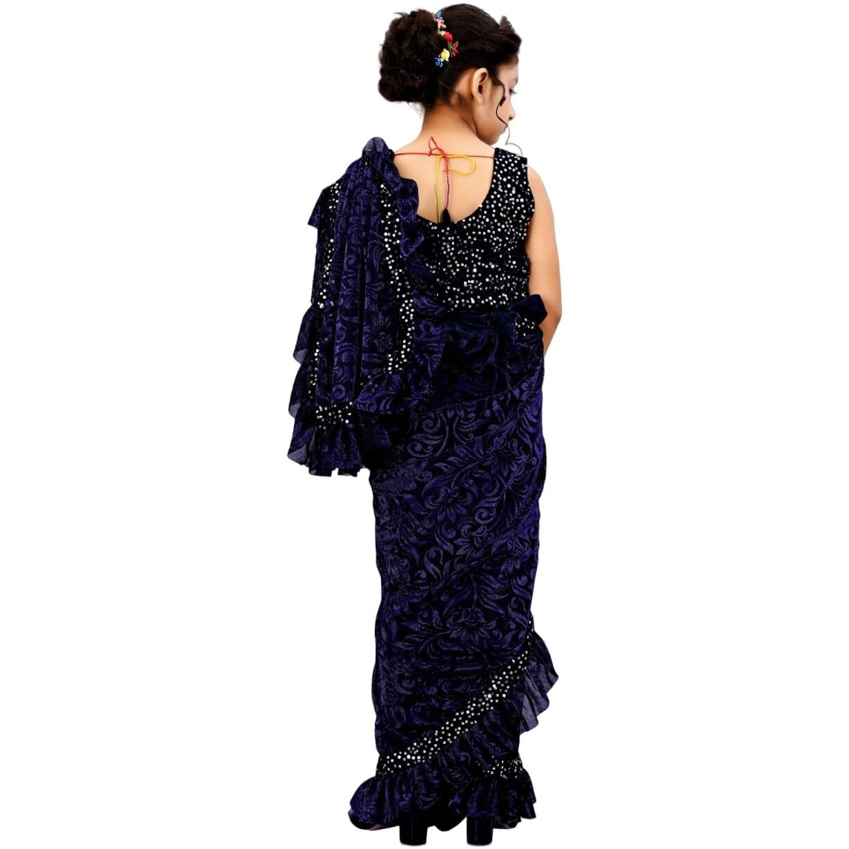 Dhyey fashion Ready To Wear Lycra Foil Print Kids Ruffal Saree With Unstiched Velvet Blouse.