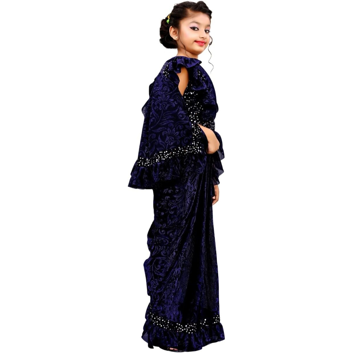 Dhyey fashion Ready To Wear Lycra Foil Print Kids Ruffal Saree With Unstiched Velvet Blouse.
