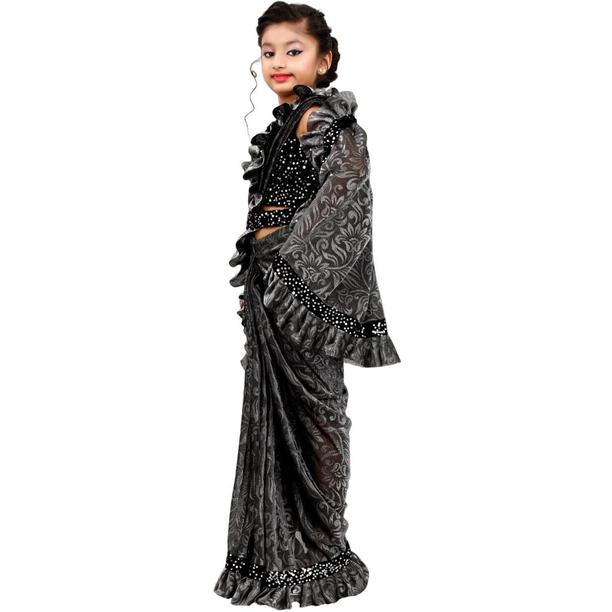 Dhyey fashion Ready To Wear Lycra Foil Print Kids Ruffal Saree With Unstiched Velvet Blouse.