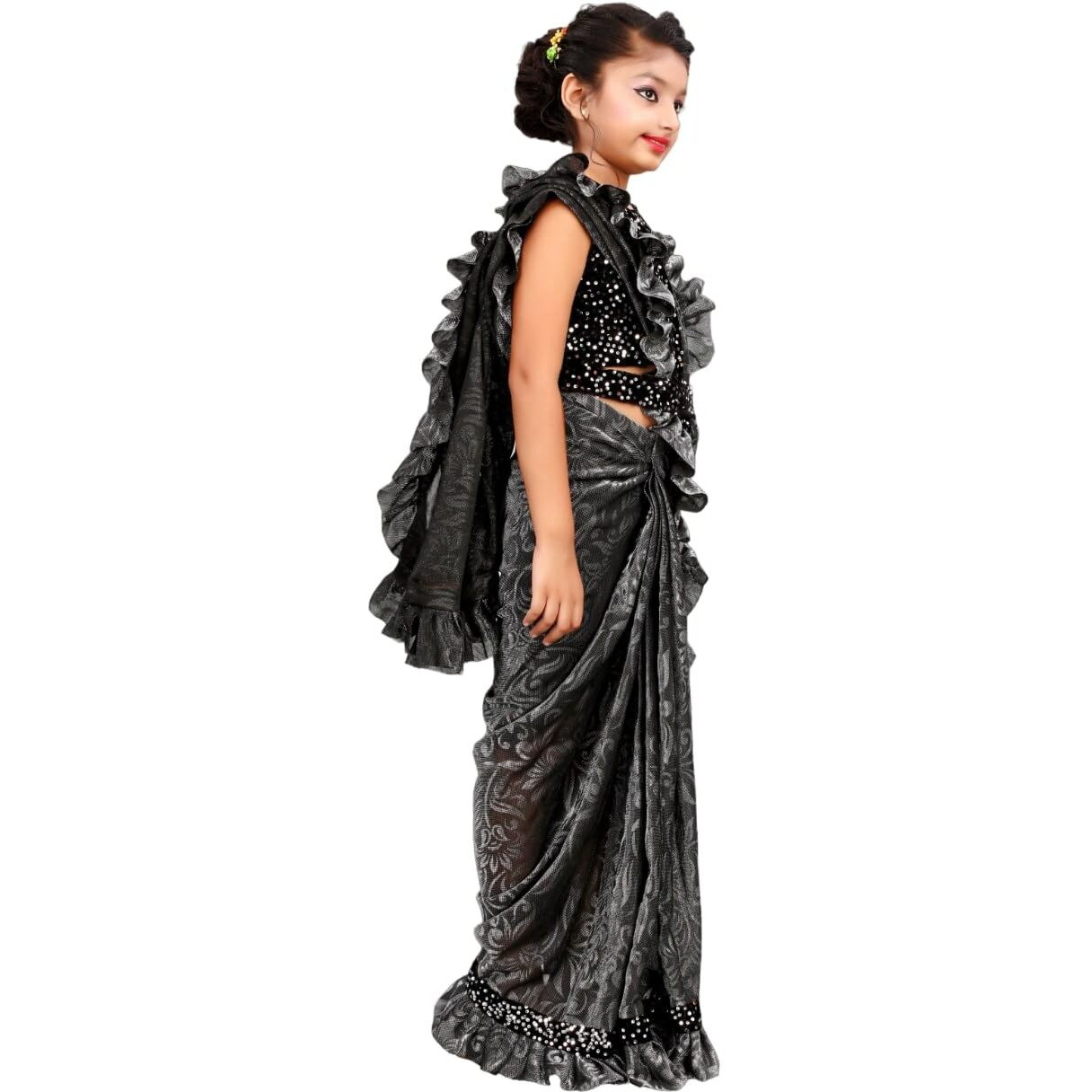 Dhyey fashion Ready To Wear Lycra Foil Print Kids Ruffal Saree With Unstiched Velvet Blouse.