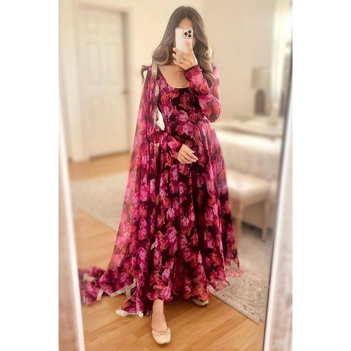 Anveri Textiles Women's Pink Rose Georgette Printed Floral Maxi Gown with Duppatta | Lovely Pink Rose Floral Printed Georgette Anarkali Style Maxi Gown with Dupatta (18_PinkRose_4XL)