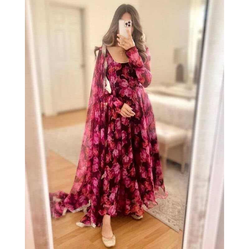 Anveri Textiles Women's Pink Rose Georgette Printed Floral Maxi Gown with Duppatta | Lovely Pink Rose Floral Printed Georgette Anarkali Style Maxi Gown with Dupatta (18_PinkRose_4XL)