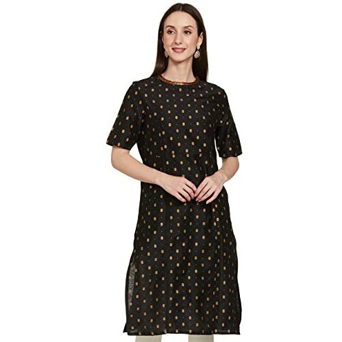 Amazon Brand - Tavasya Women's Polyester Straight Festive Kurti (PAG 154_CHOTI BOOTI (Black) _XL)