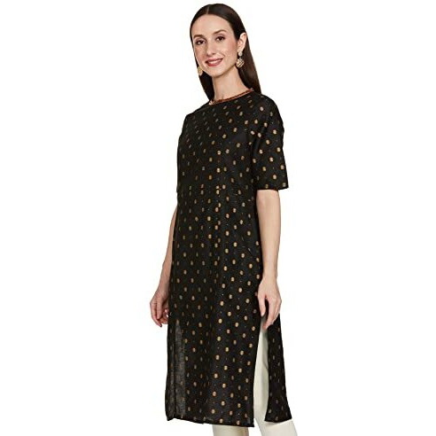 Amazon Brand - Tavasya Women's Polyester Straight Festive Kurti (PAG 154_CHOTI BOOTI (Black) _XL)