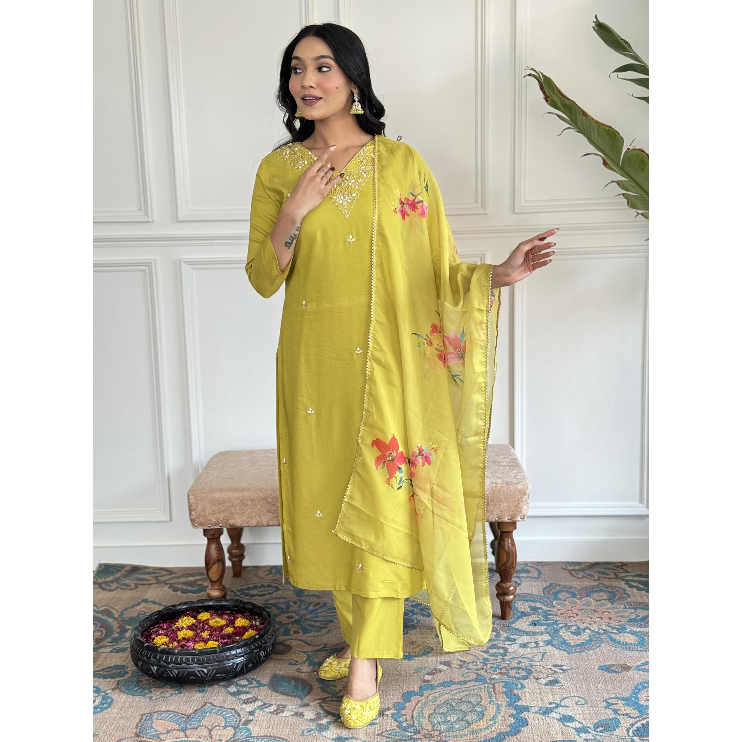 Naixa Women's Lemon Yellow Rayon Slub Embroidered Straight Kurta with Rayon Slub Pant and Pure Organza Printed Dupatta Sets (NX-598-Lemon-S)