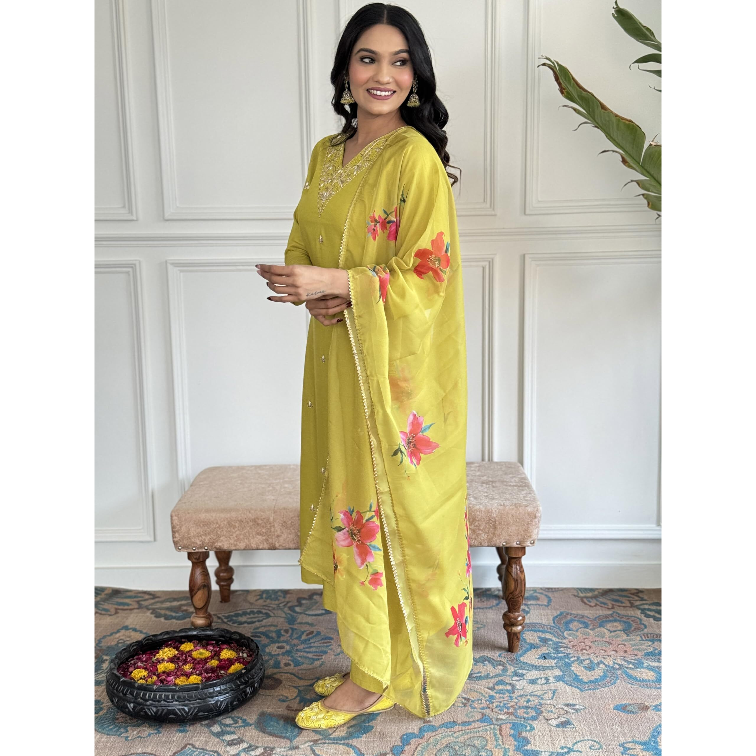 Naixa Women's Lemon Yellow Rayon Slub Embroidered Straight Kurta with Rayon Slub Pant and Pure Organza Printed Dupatta Sets (NX-598-Lemon-S)