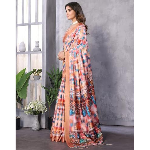 Yashika Women's Digital Print Art Silk Cotton Saree with Tassels and Golden Border - Lightweight and Elegant Ethnic Wear for Festive and Casual Occasions (AZ-YS-P3-PUSHPA 15)