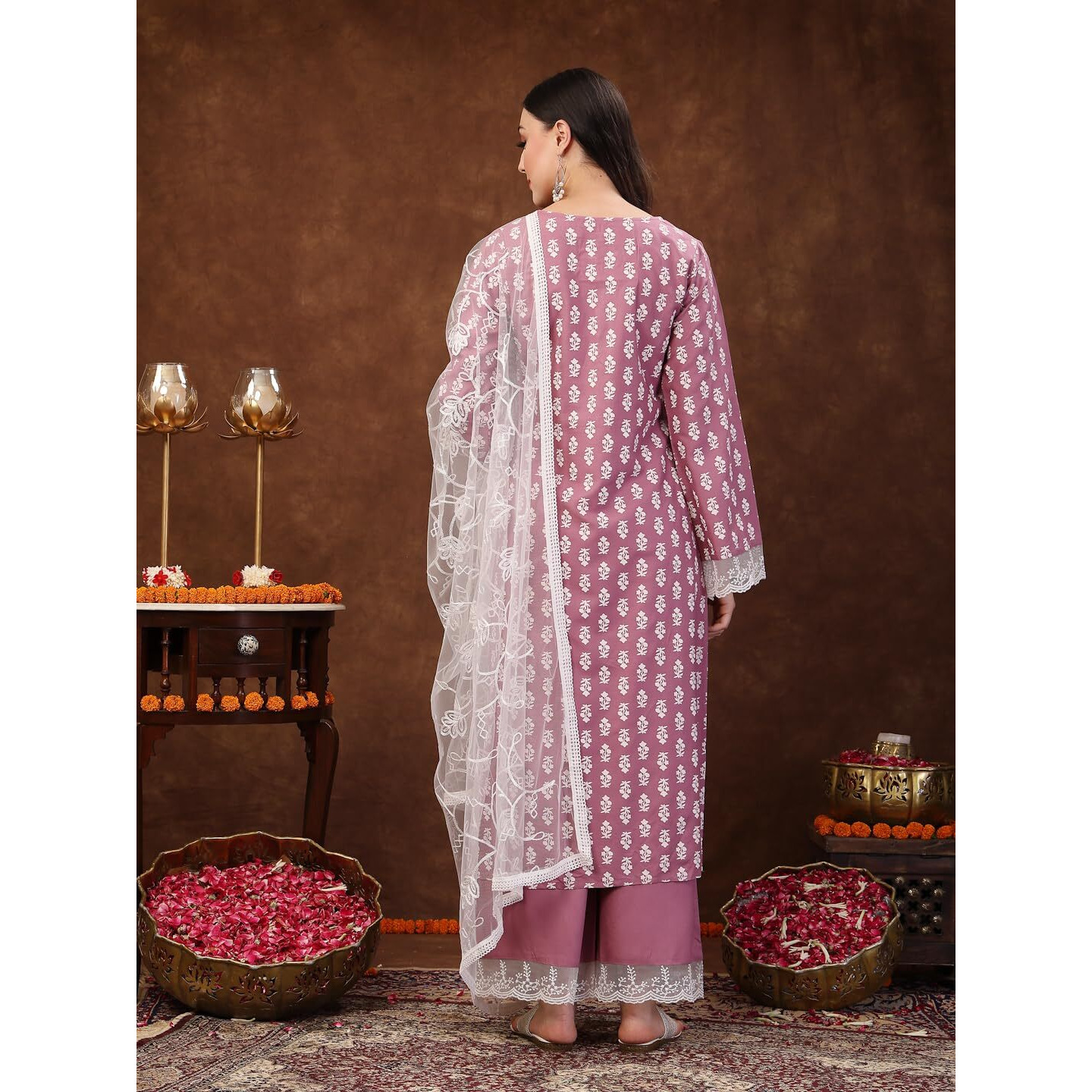 Stylum Women's Floral Printed Rayon Straight Kurta Palazzo Dupatta Set (KPDMAUVERIDA40_Mauve, L)