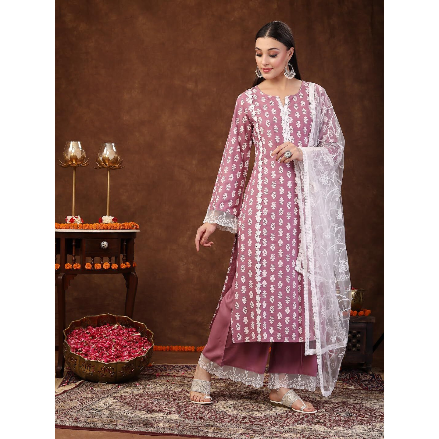 Stylum Women's Floral Printed Rayon Straight Kurta Palazzo Dupatta Set (KPDMAUVERIDA40_Mauve, L)