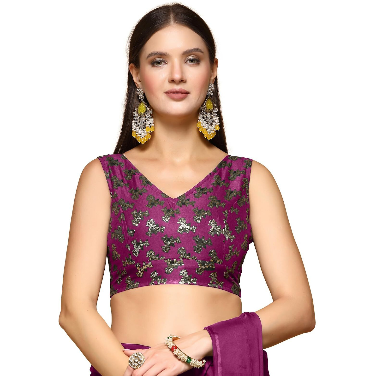 OOMPH Readymade Blouse for Women, Brocade, Sleeveless, V-Neck, rbbl660