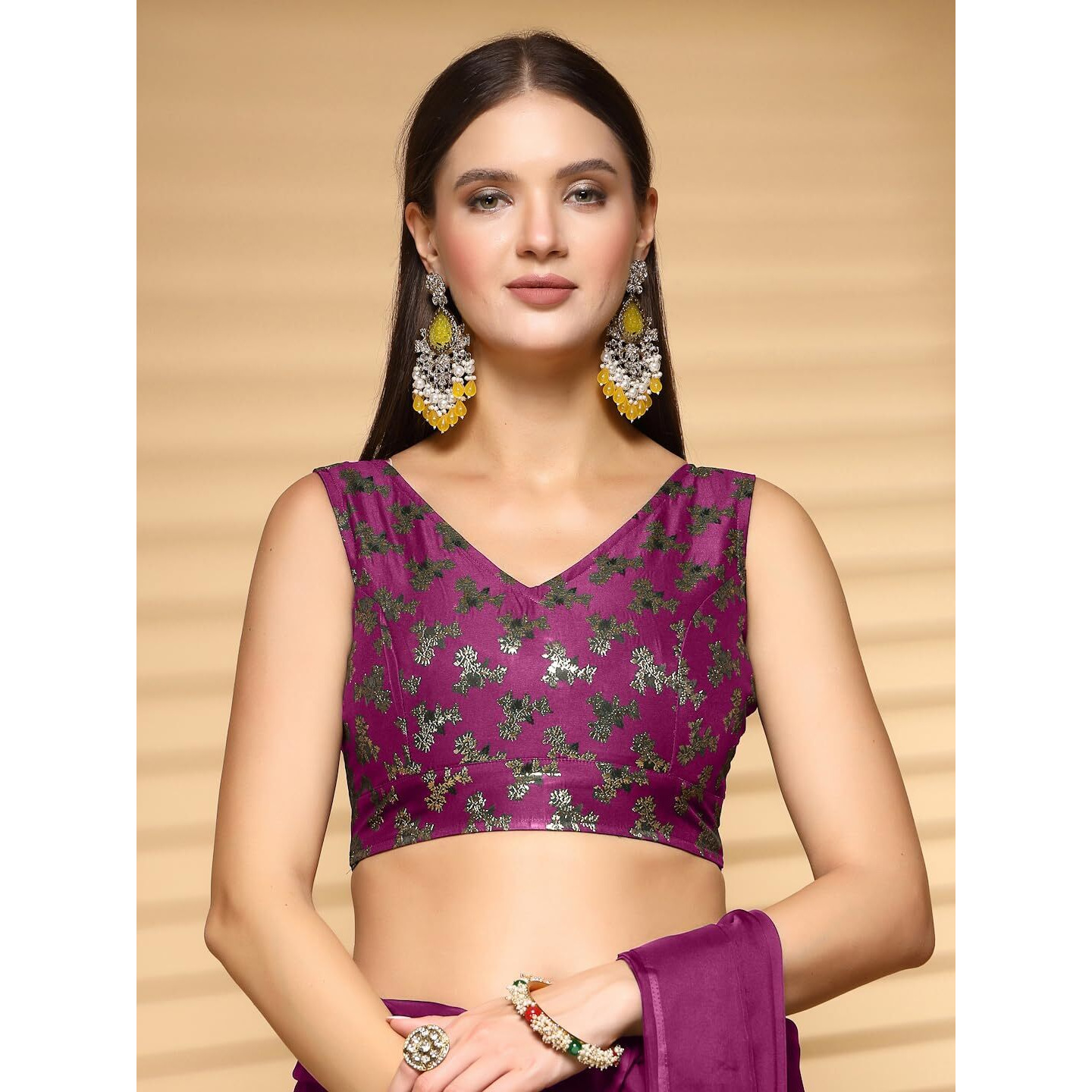 OOMPH Readymade Blouse for Women, Brocade, Sleeveless, V-Neck, rbbl660