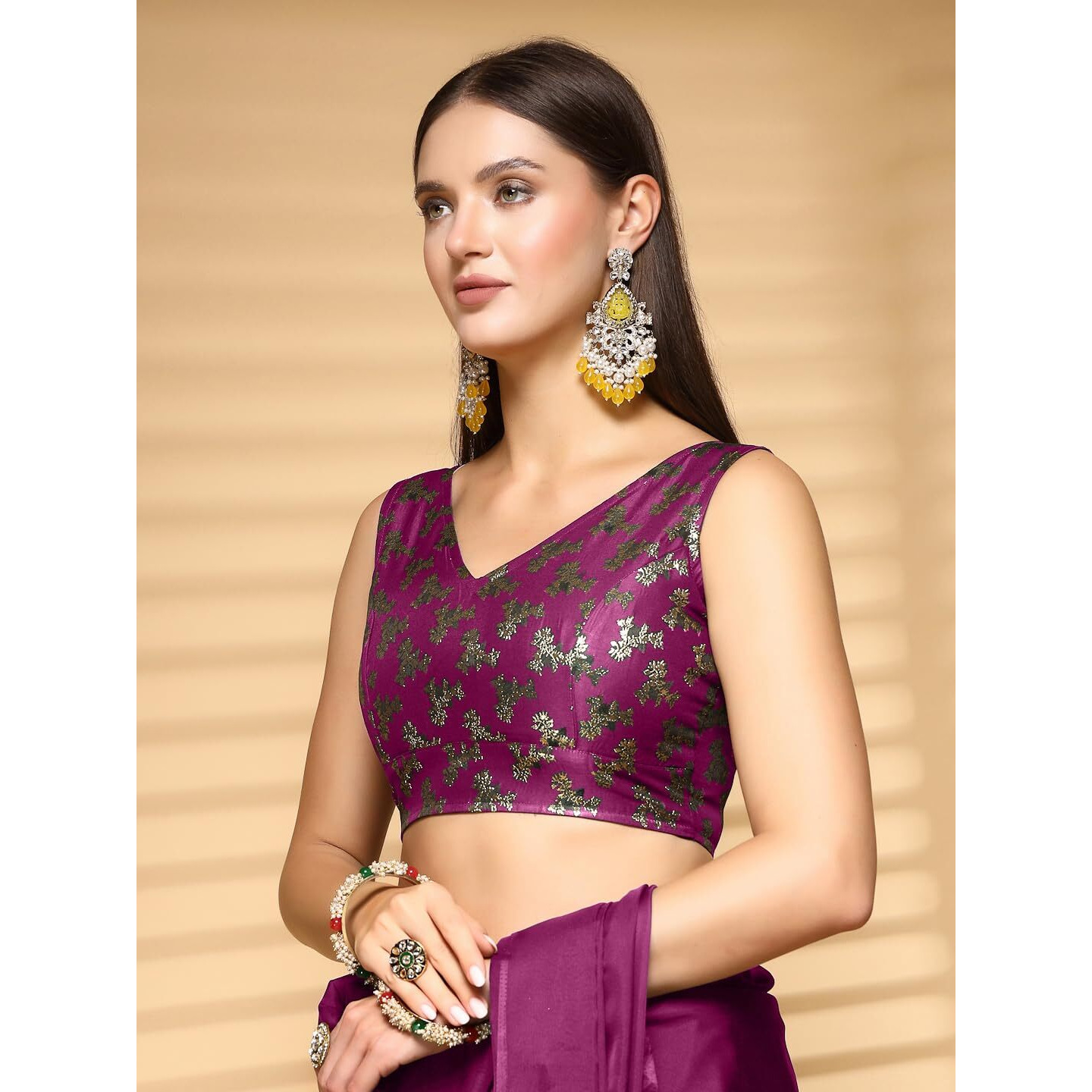 OOMPH Readymade Blouse for Women, Brocade, Sleeveless, V-Neck, rbbl660