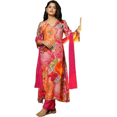 ANNI DESIGNER Women's Cotton Blend Straight Printed Kurta with Pant & Dupatta (VILASA Pink_L_Pink_Large)