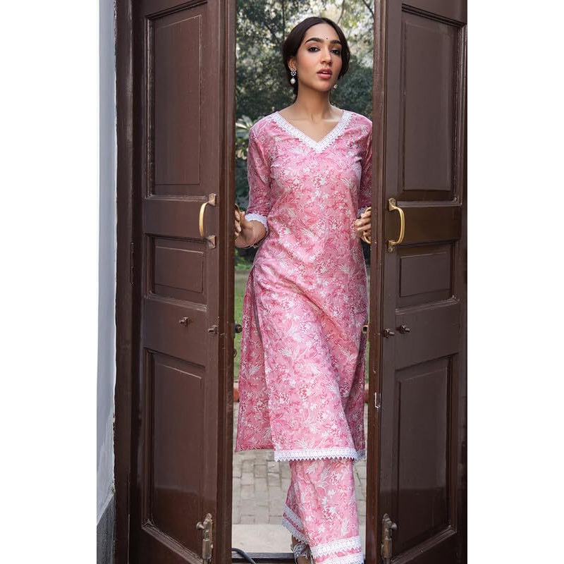 Janasya Women's Pink Cotton Floral Regular Kurta Set (JAA24ST00254-M)