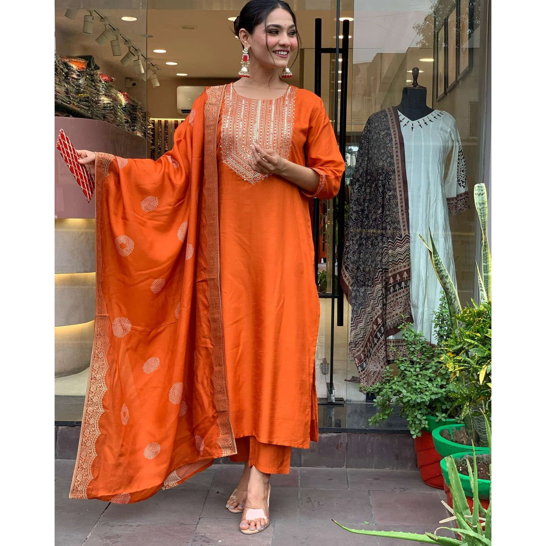 ANNI DESIGNER Women's Rayon Blend Floral Straight Kurta with Pant & Dupatta (PUNEETA Orange