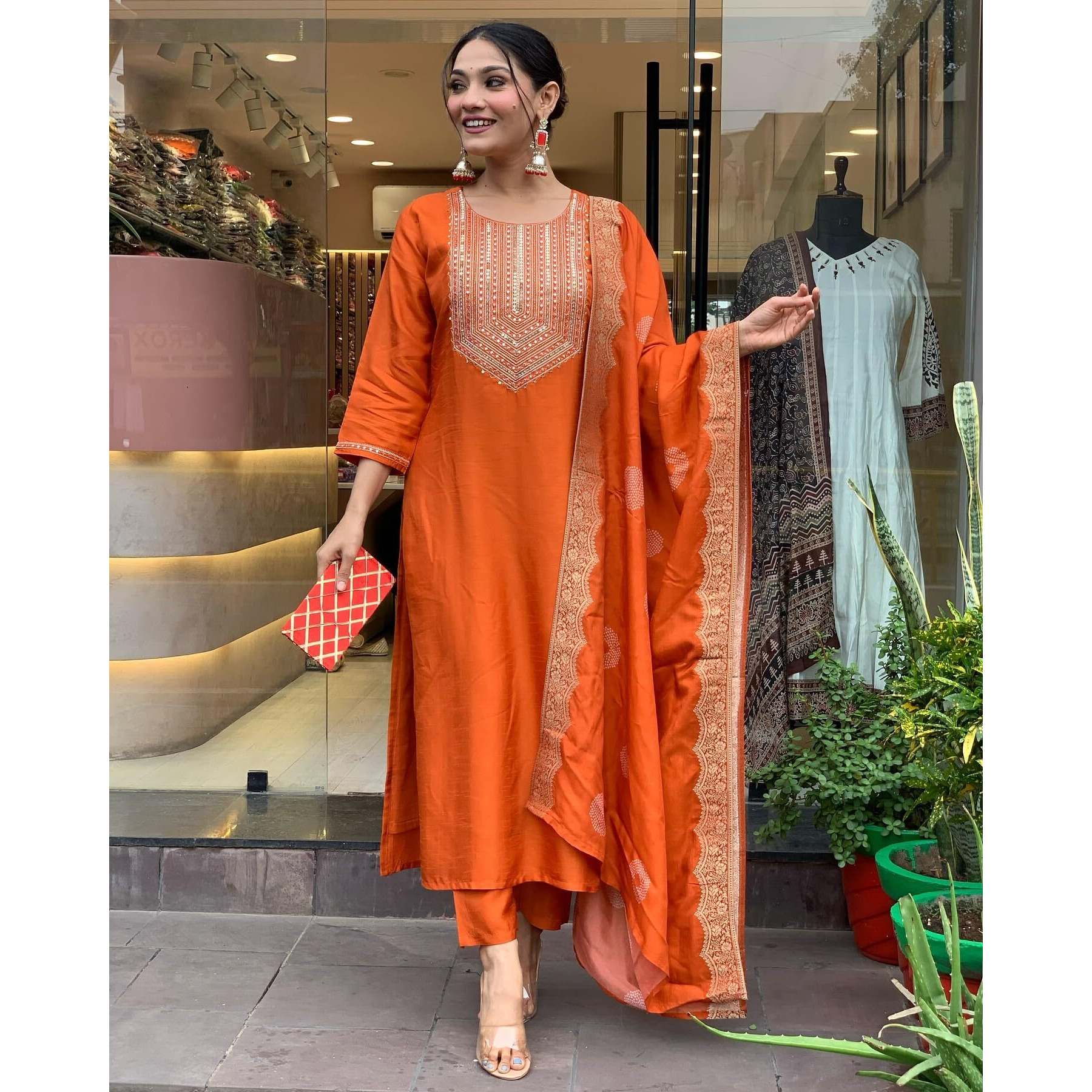 ANNI DESIGNER Women's Rayon Blend Floral Straight Kurta with Pant & Dupatta (PUNEETA Orange