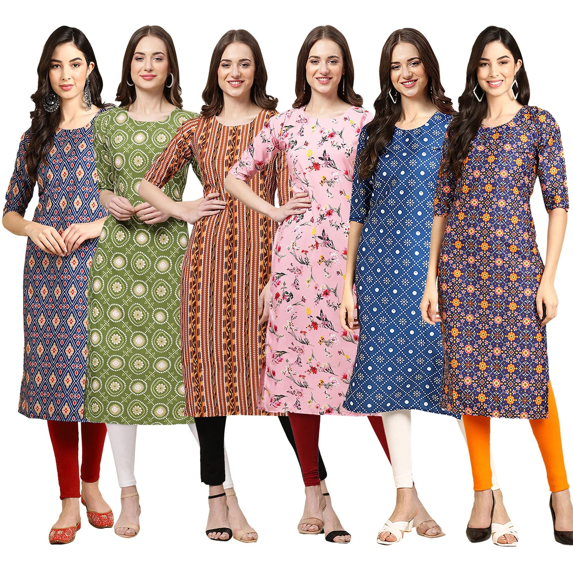 Pinkmint Women's Crepe Digital Print Straight Kurta Pack of 6 [CR-358-338-344-339-353-369-L]