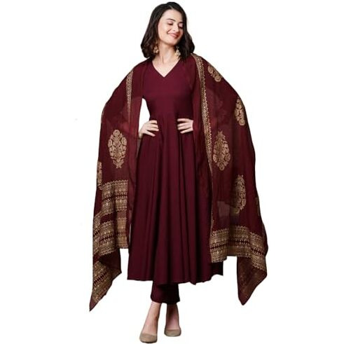 ANNI DESIGNER Women's Rayon Blend Solid Anarkali Kurta with Pant & Dupatta (Magic-Wine-NDM_XL_Wine_X-Large)