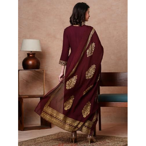 ANNI DESIGNER Women's Rayon Blend Solid Anarkali Kurta with Pant & Dupatta (Magic-Wine-NDM_XL_Wine_X-Large)