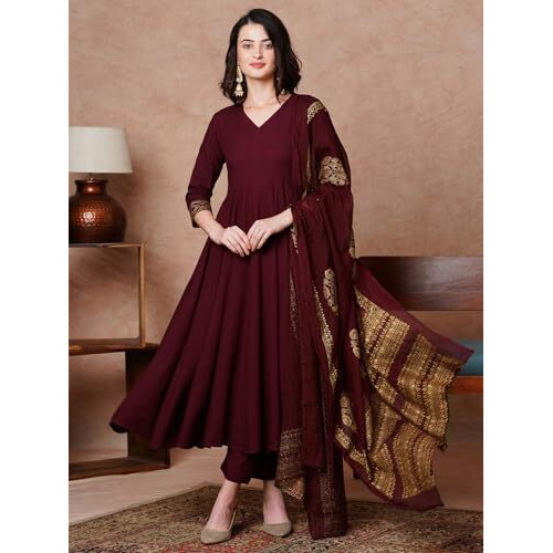 ANNI DESIGNER Women's Rayon Blend Solid Anarkali Kurta with Pant & Dupatta (Magic-Wine-NDM_XL_Wine_X-Large)