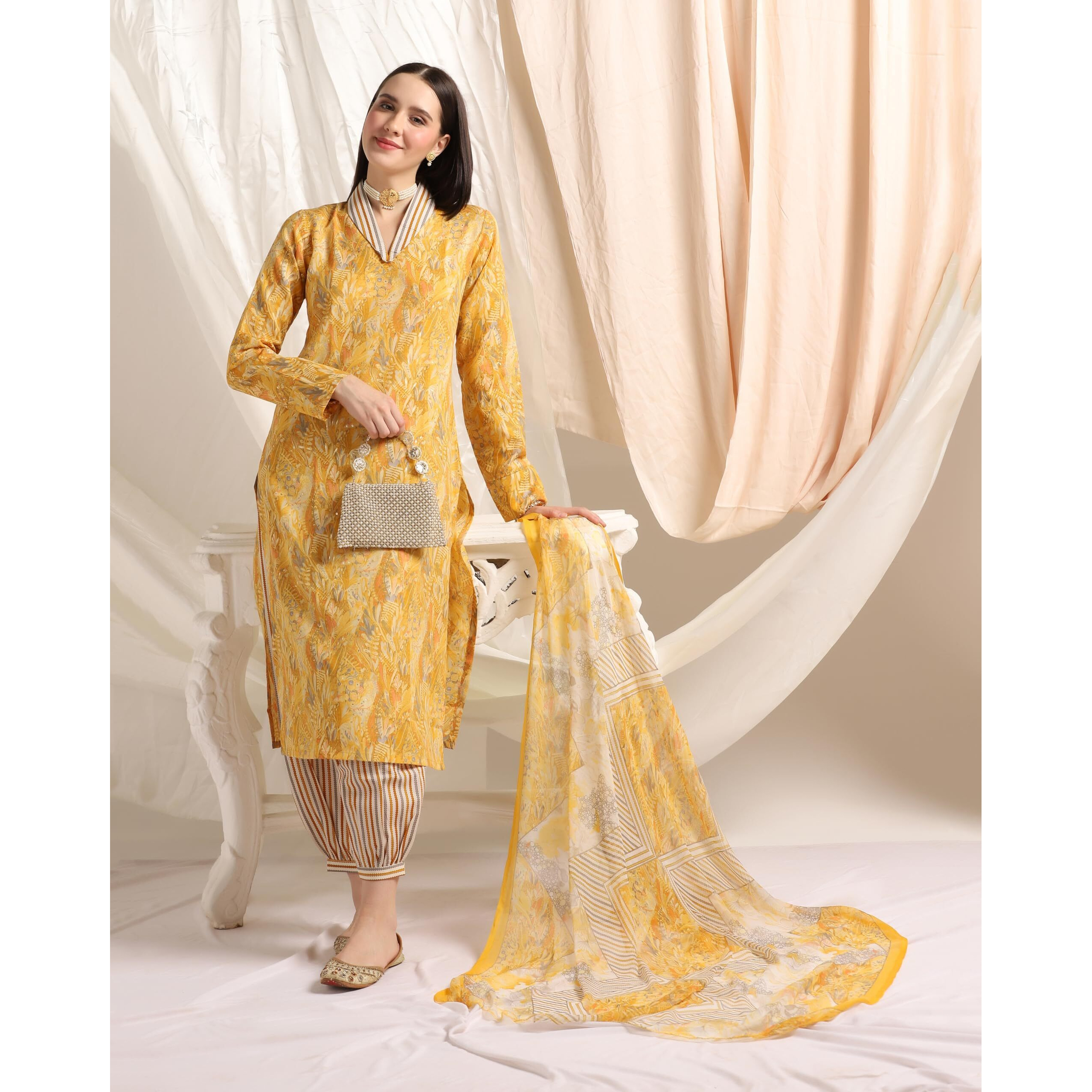 Leriya Fashion Cotton Blend Floral Foil Printed Indian Ethnic Kurta with Pant Set for Women Fancy Patiyala Pant Set for Traditional Ceremony Party Office Wear Kurti Set (Small, Yellow)