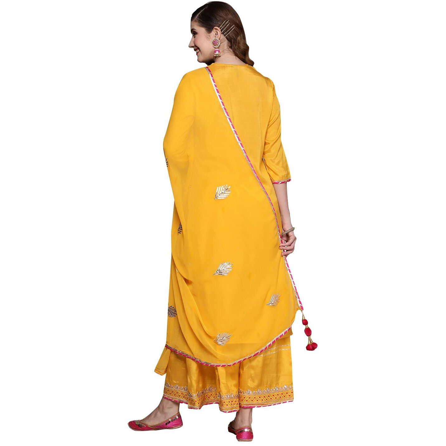 ishin Women's Silk Blend Embroidered A-Line Kurta suit set With Dupatta & Sharara INWSD070_YL_XXL_Yellow