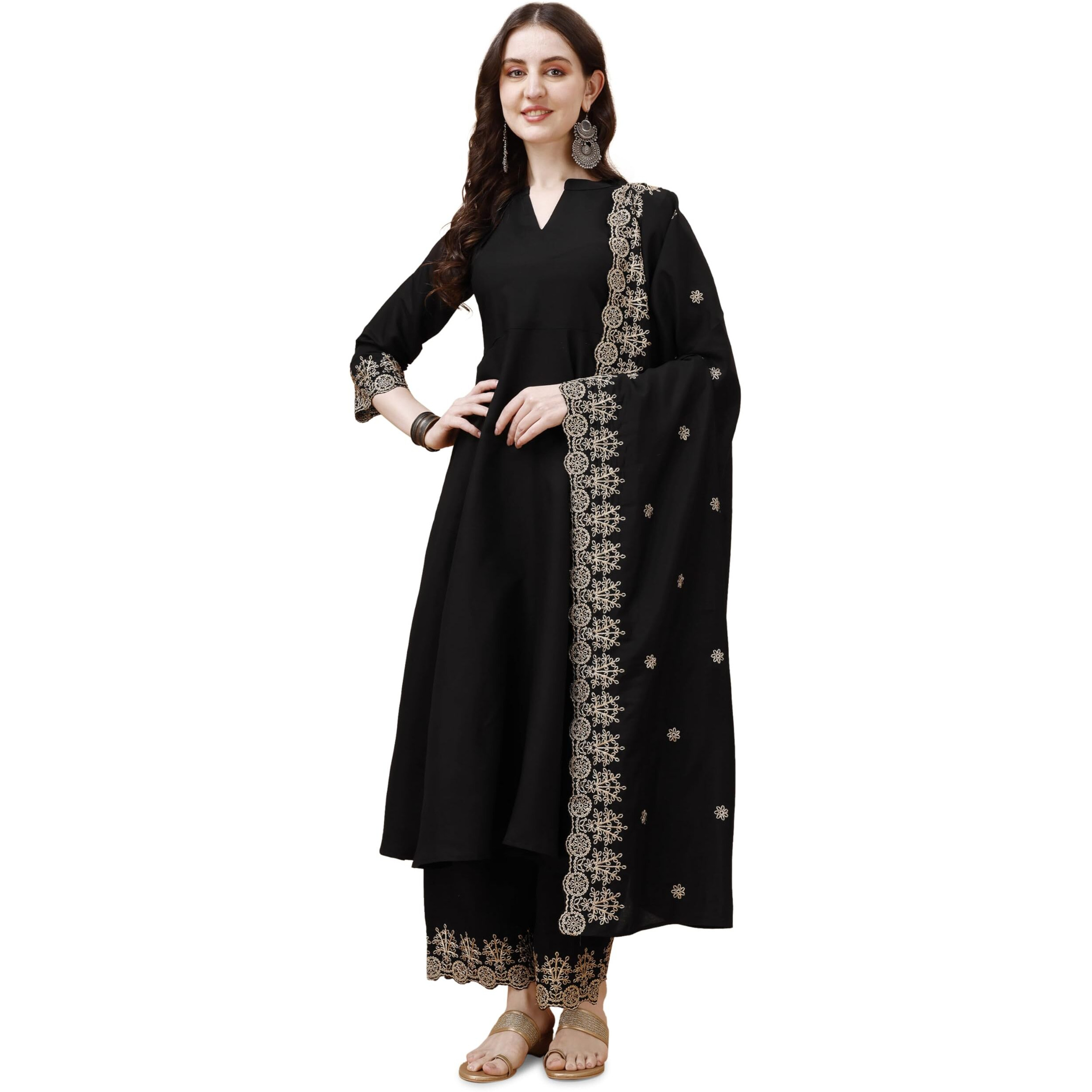 Pratham Blue Women's Silk Embroidered Anarkali Kurta with Palazzos and Dupatta (PB-6060-M_Black)