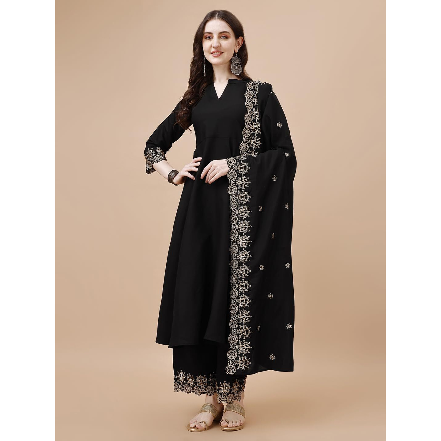 Pratham Blue Women's Silk Embroidered Anarkali Kurta with Palazzos and Dupatta (PB-6060-M_Black)