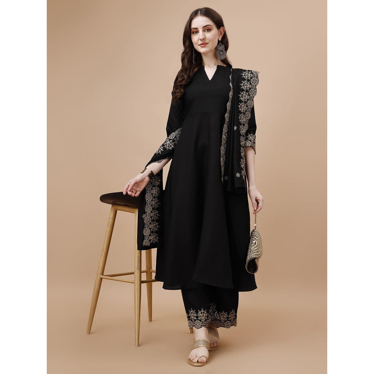 Pratham Blue Women's Silk Embroidered Anarkali Kurta with Palazzos and Dupatta (PB-6060-M_Black)