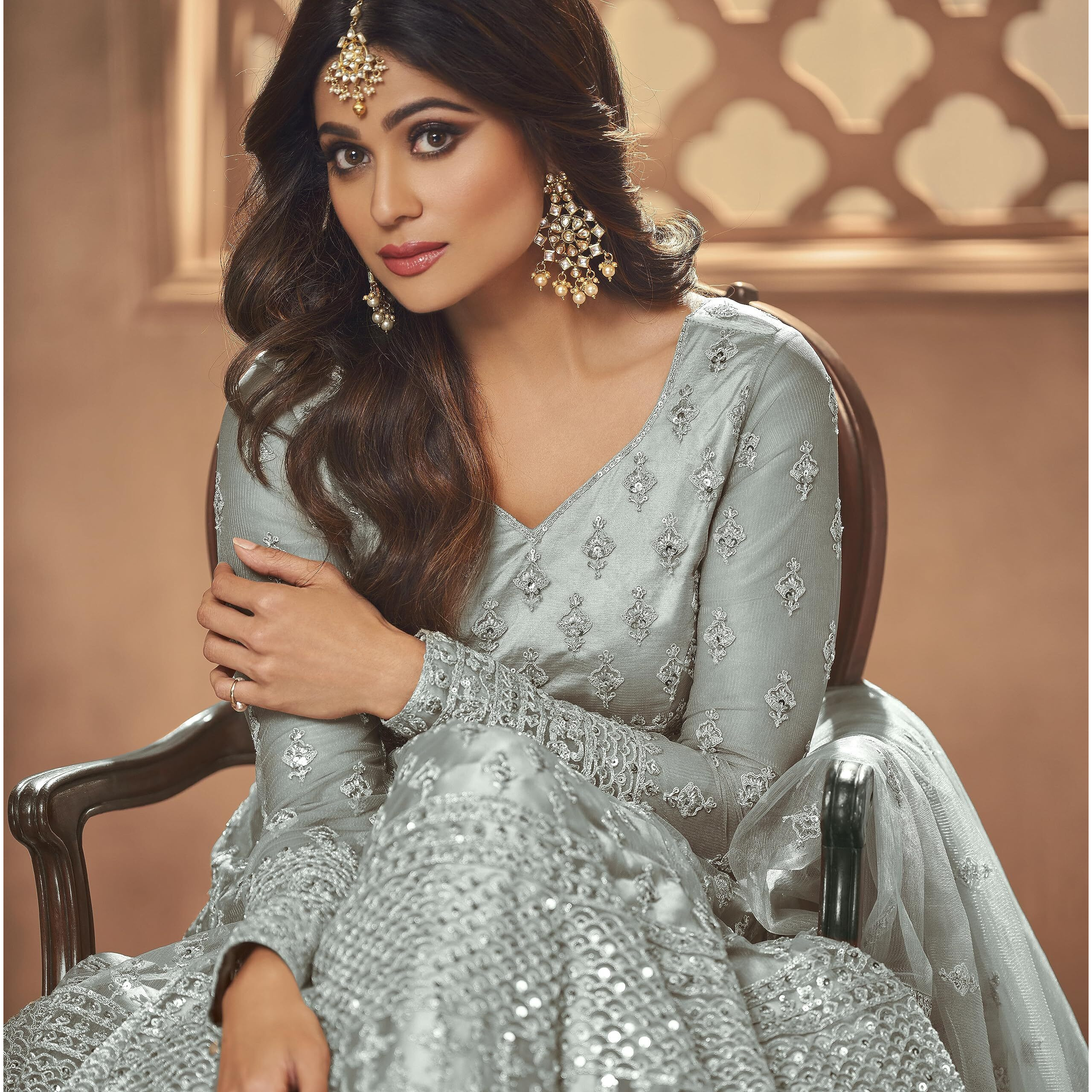 Divine International Trading Co Women's Net With Heavy Embroidery Work Long Anarkali Gown Salwar Suit Dupatta (Unstitched_SanjanaO-8396-Grey)