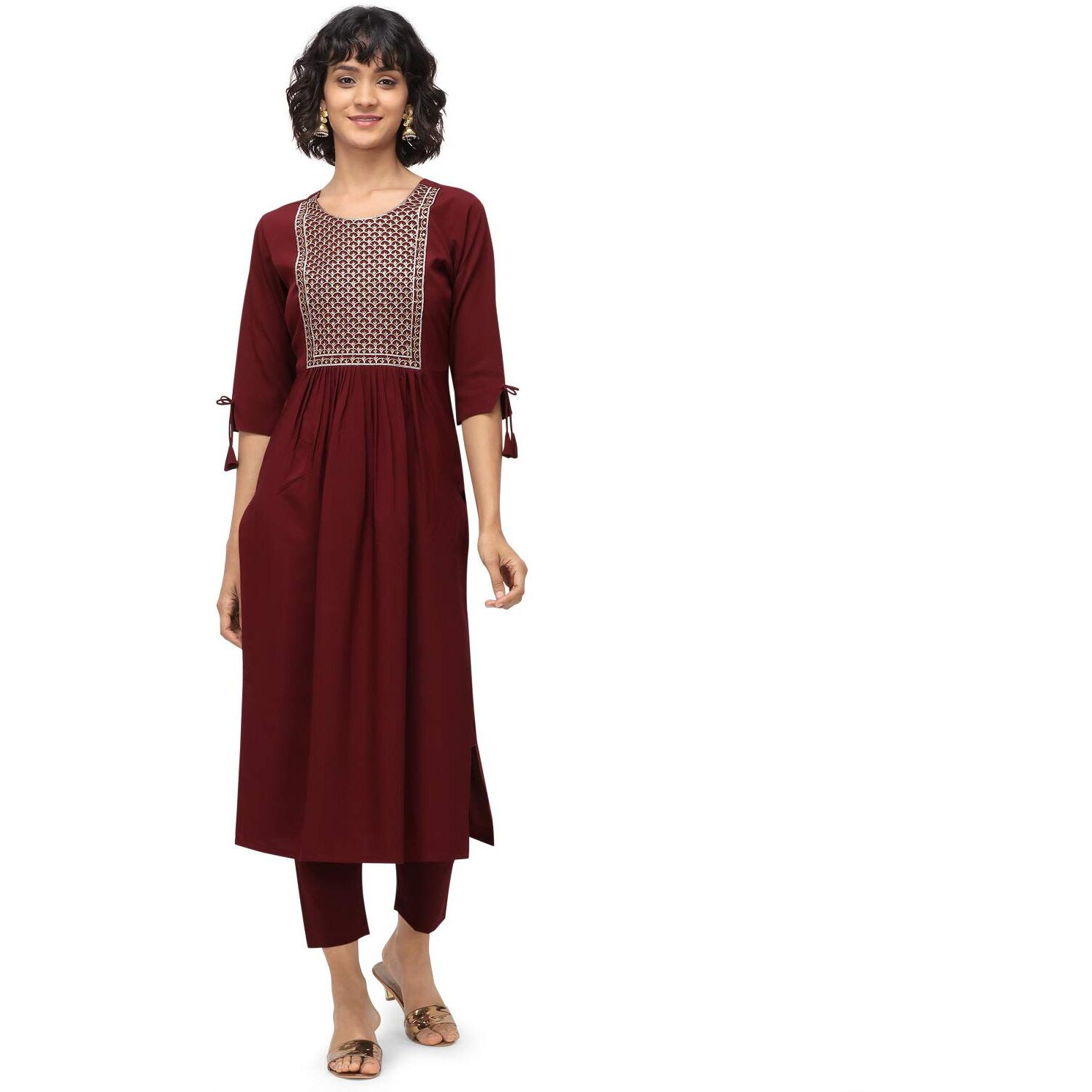 NAINVISH Women's Crepe A-Line Embroidered Kurti with Pant (SD092-XXL_Maroon)