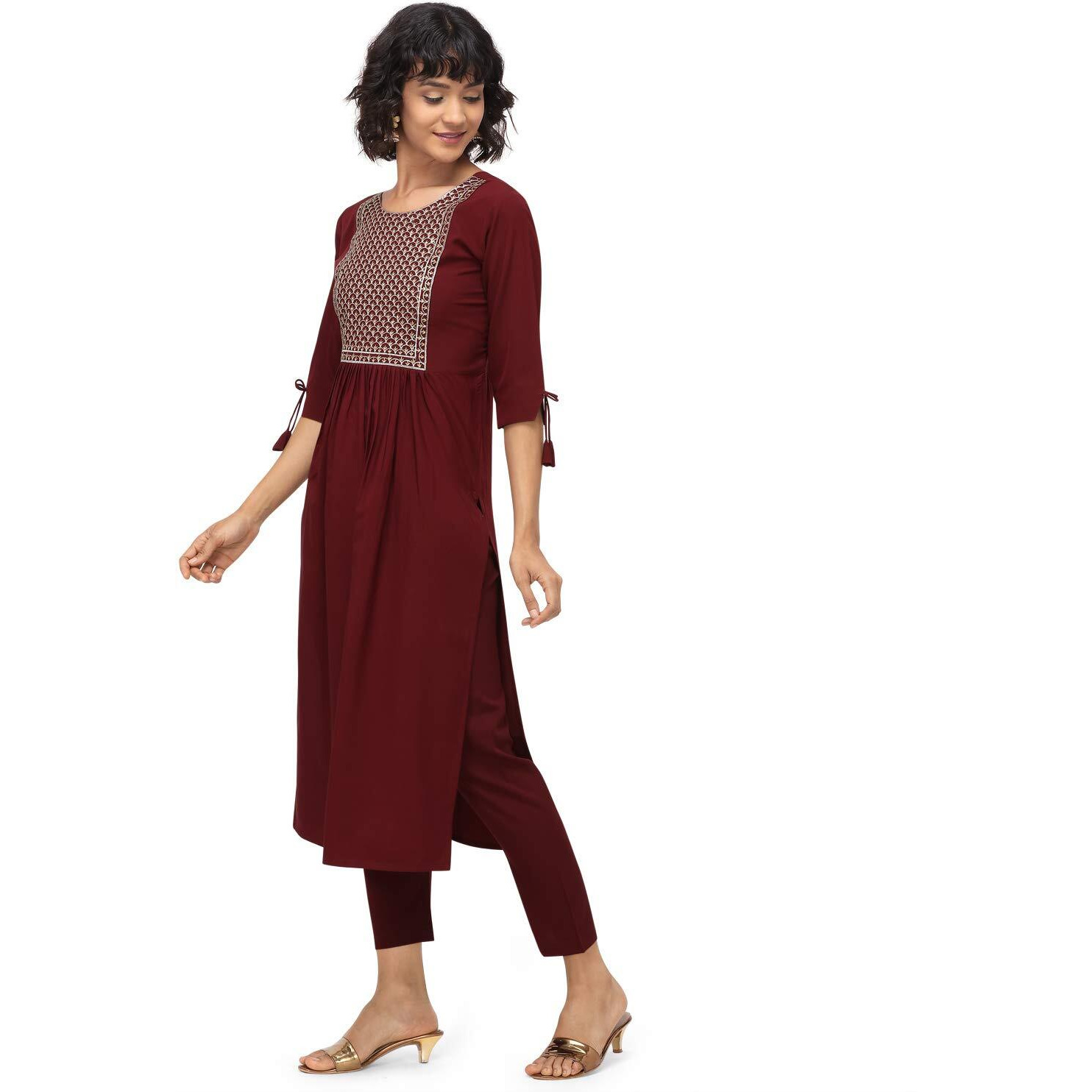 NAINVISH Women's Crepe A-Line Embroidered Kurti with Pant (SD092-XXL_Maroon)