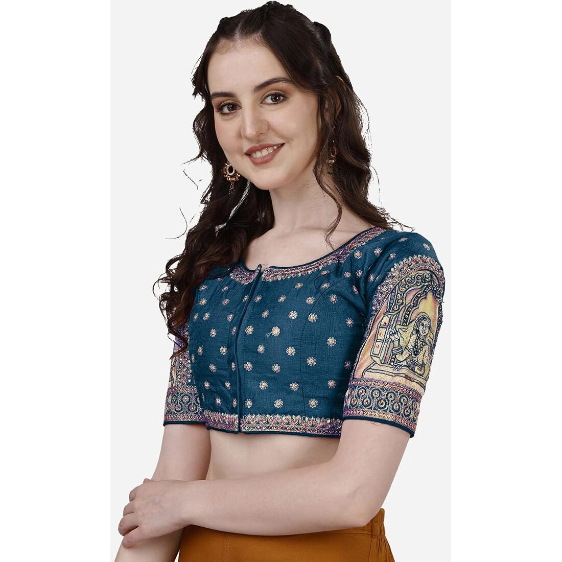 Vihu Fashion Women's Heavy Embroidery Coding with Sequins and Diamond Work Half Sleeves Fancy Cutwork Readymade Saree Blouse.(Palace Morpeach_38)
