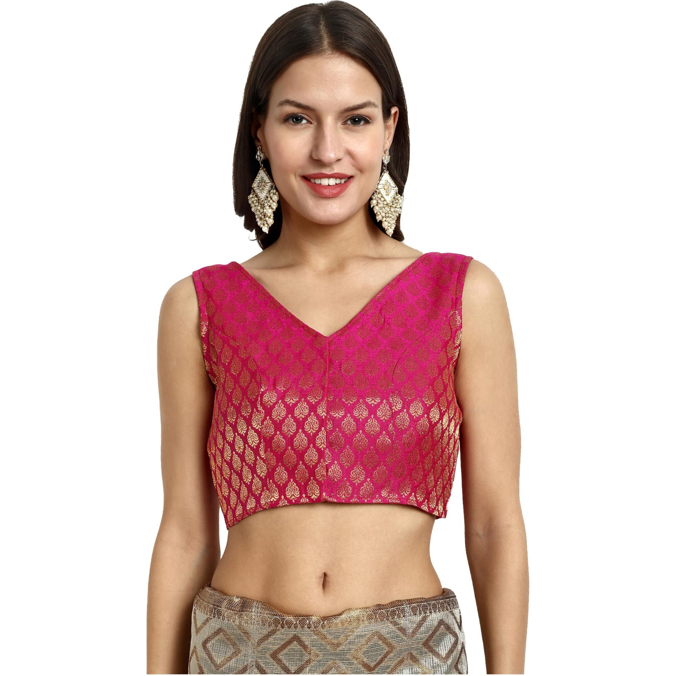 Vardha Women's Readymade Brocade Sleeveless Saree Blouse (B17_42)