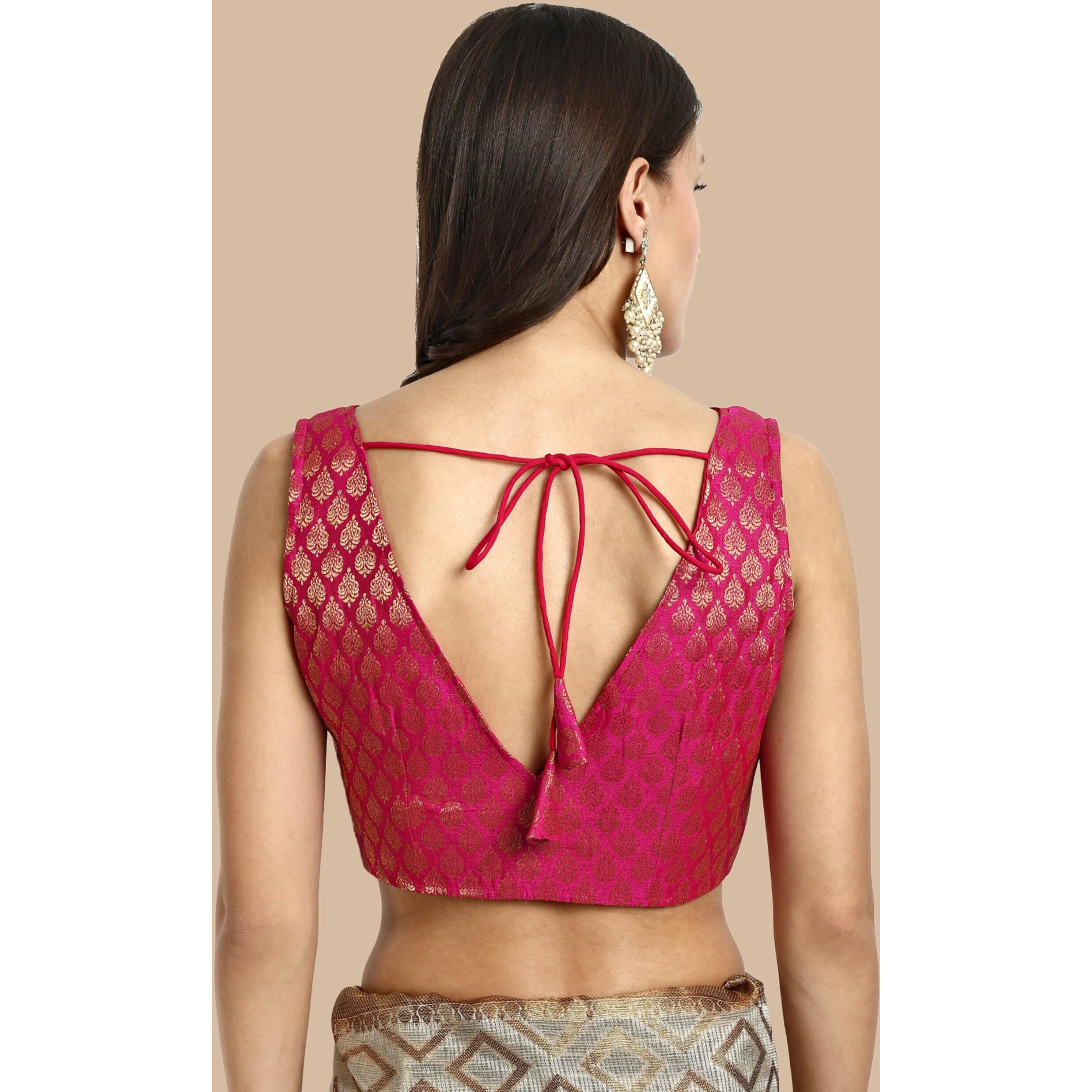 Vardha Women's Readymade Brocade Sleeveless Saree Blouse (B17_42)