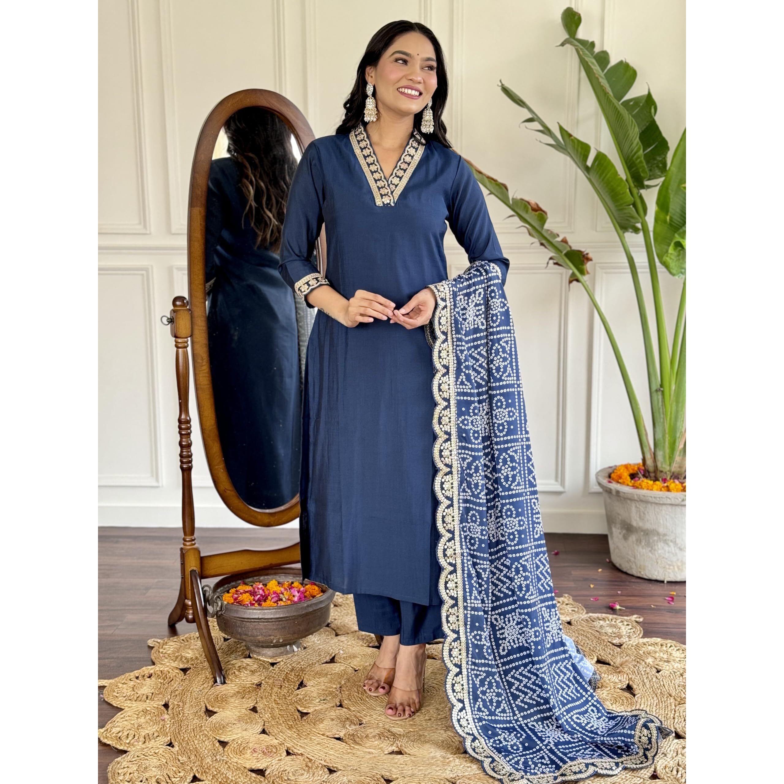 Naixa Women's Petrol Viscose Silk Embroidered Straight Kurta with Viscose Silk Pant and Chinon Printed Dupatta Sets (NX-586-Petrol-M)