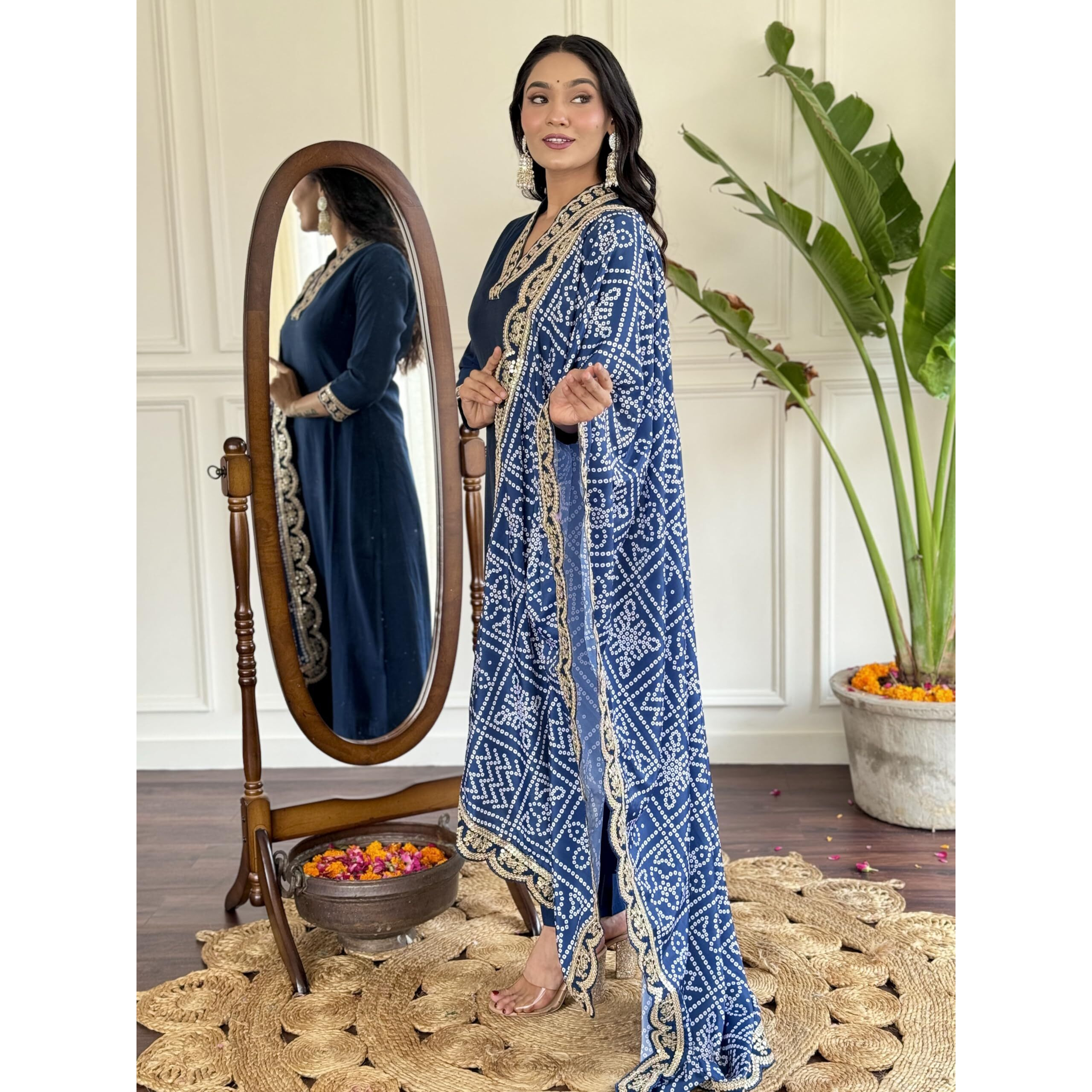 Naixa Women's Petrol Viscose Silk Embroidered Straight Kurta with Viscose Silk Pant and Chinon Printed Dupatta Sets (NX-586-Petrol-M)