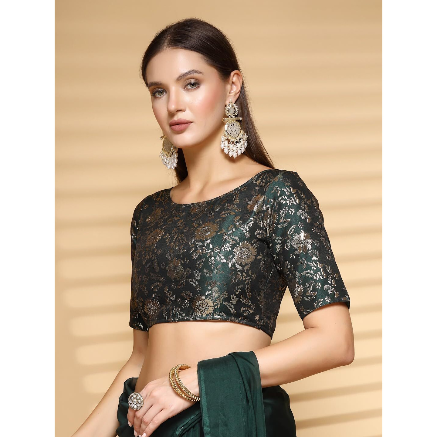 OOMPH Women's Indian Ethnic Wear Designer Self Design Pattern Zari Work Boat Neck Half Sleeve Forest Green Color Jacquard Readymade Blouse for Saree or Lehnga and Fusion Twist. L