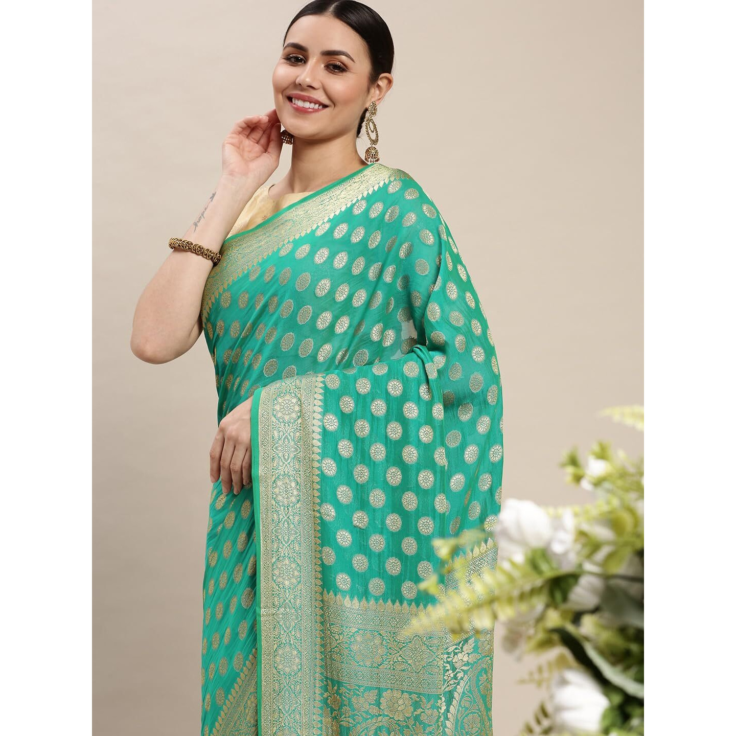RANI SAAHIBA Women's Georgette Silk Resham Woven Saree With Blouse Piece (SSKR10210_Sea Green)