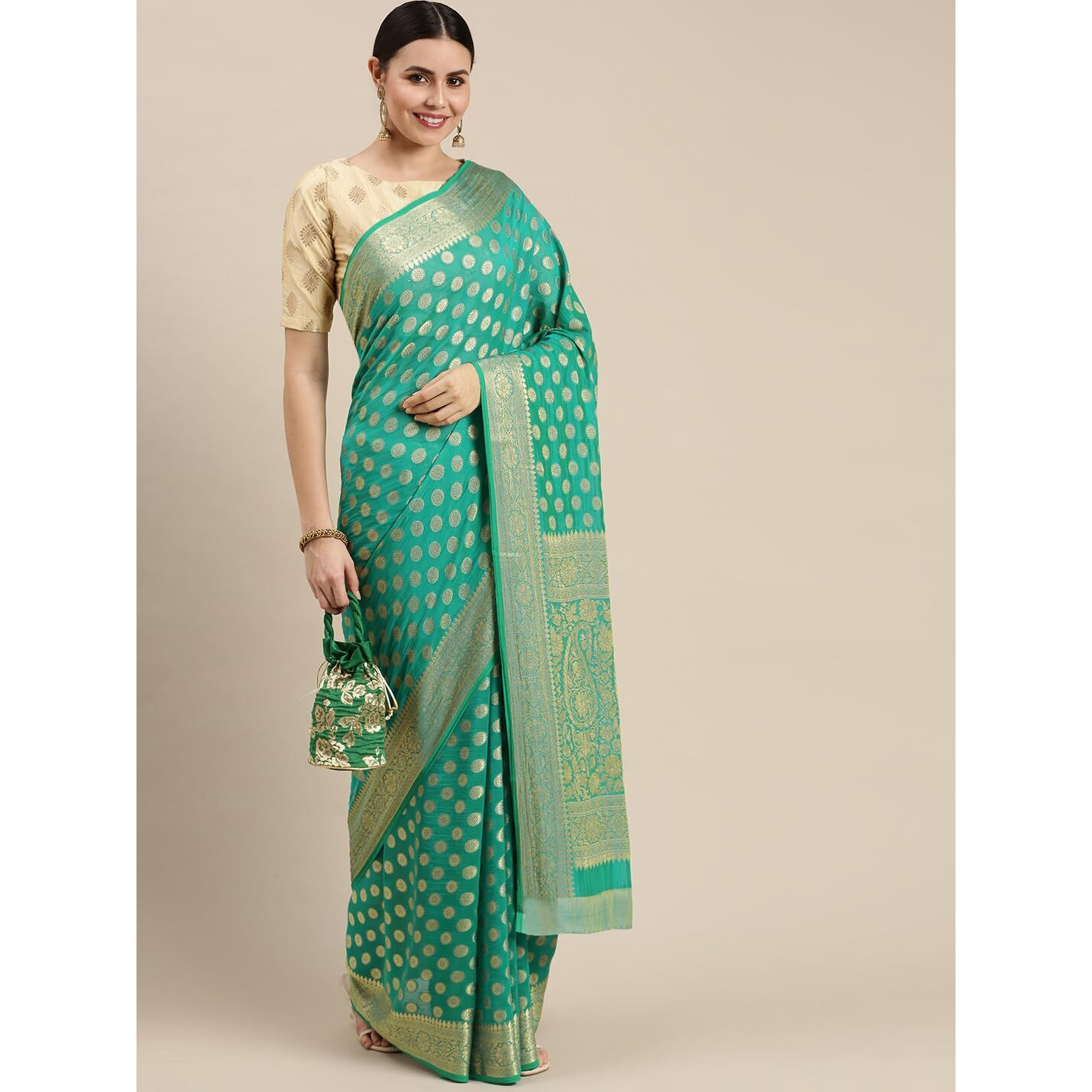 RANI SAAHIBA Women's Georgette Silk Resham Woven Saree With Blouse Piece (SSKR10210_Sea Green)