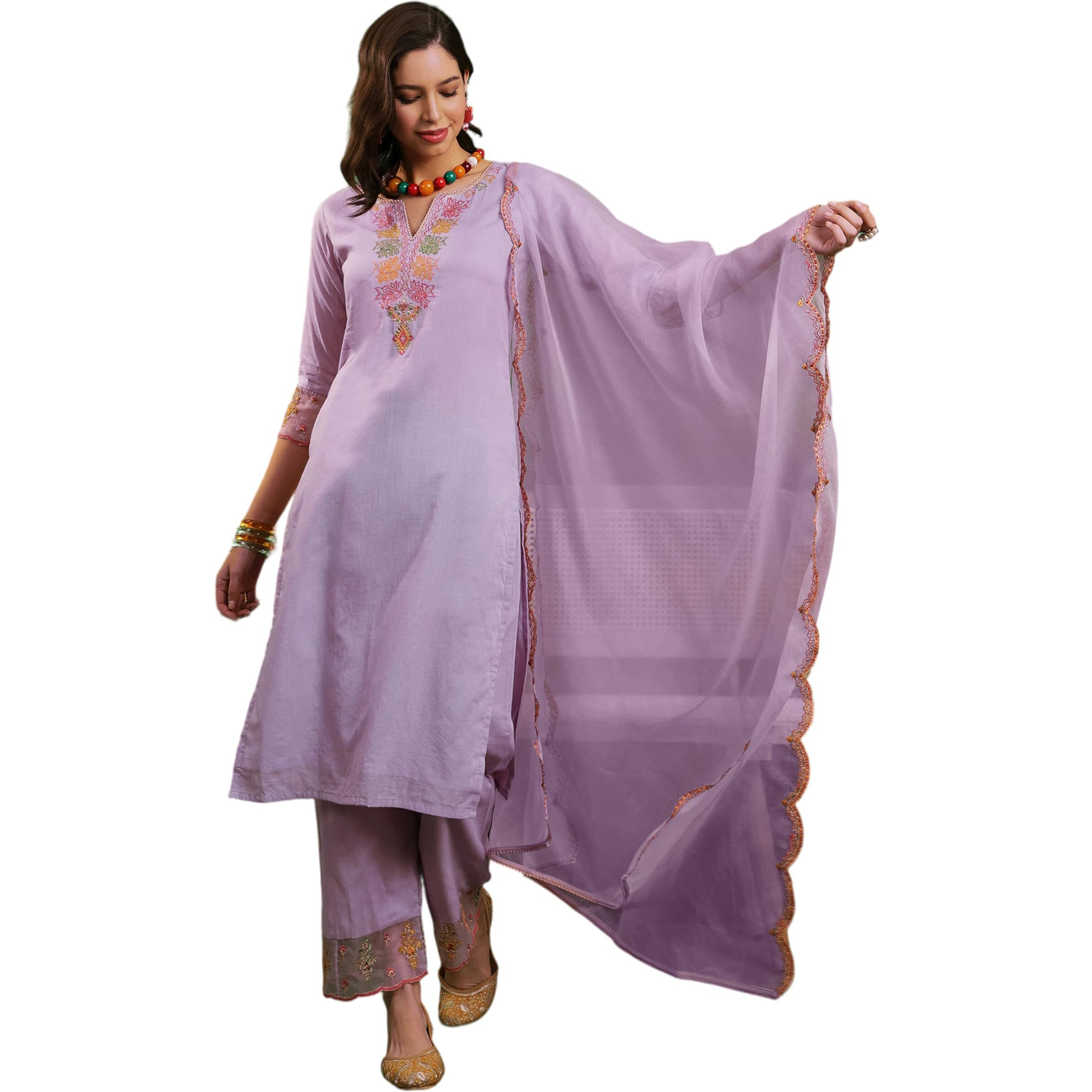 SheWill Women's Lavender Pink Self-Design High Slit Thread Work Pure Cotton Kurta Set with Trouser & Organza Dupatta | Sangria Kurta