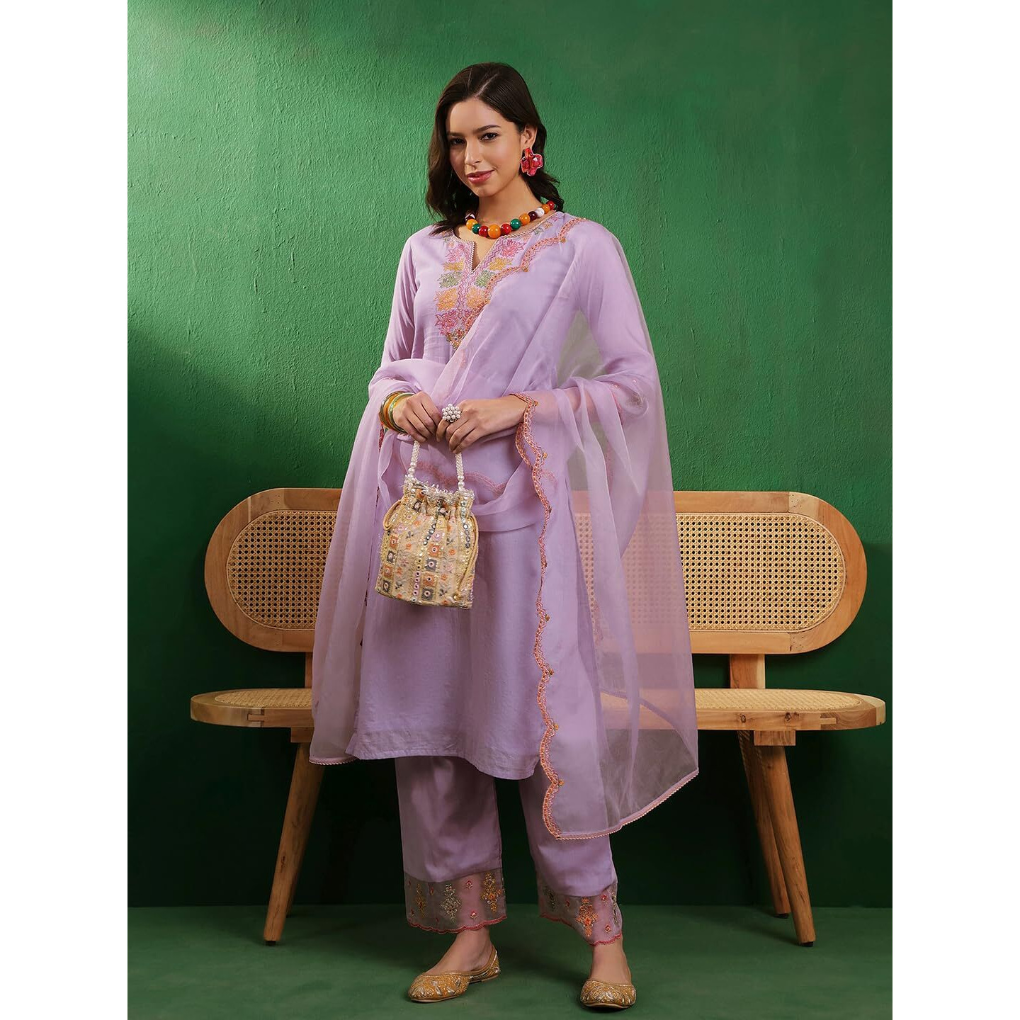 SheWill Women's Lavender Pink Self-Design High Slit Thread Work Pure Cotton Kurta Set with Trouser & Organza Dupatta | Sangria Kurta