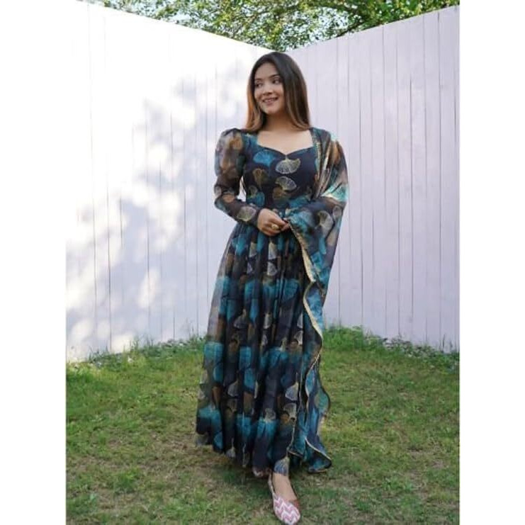 Anveri Textiles Women's Traditional Navy Blue Georgette Full Sleeve V Neck Floral Designer Printed Anarkali Kurta with Dupatta (151_Sanvi_3XL)