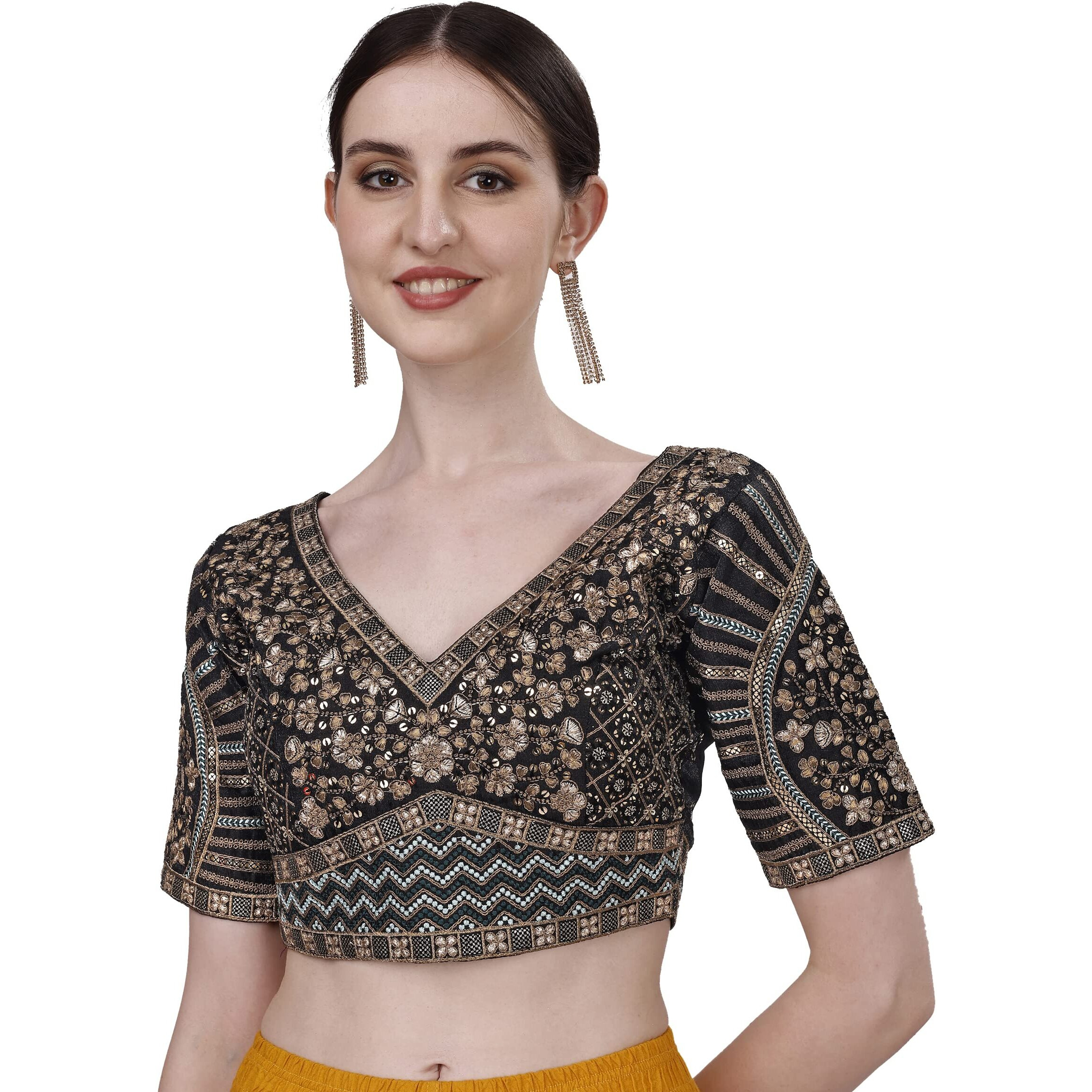Pujia Mills Mills Women's Fancy Readymade Heavy Coding Embroidary Worked Half Sleeve Multicolor Saree Blouse(Mushroom) (Black, 38)