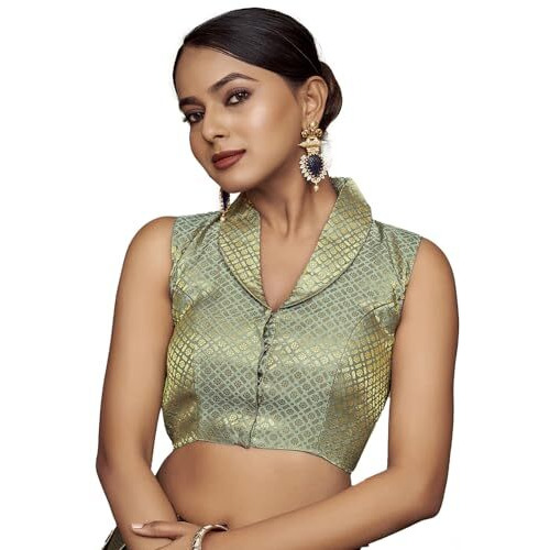 Vardha Women's Brocade Sleeveless Padded Saree Blouse for Women with Collar Neck (Grey)